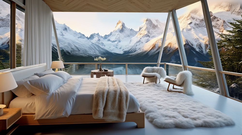 Luxury hotel room with mountain view